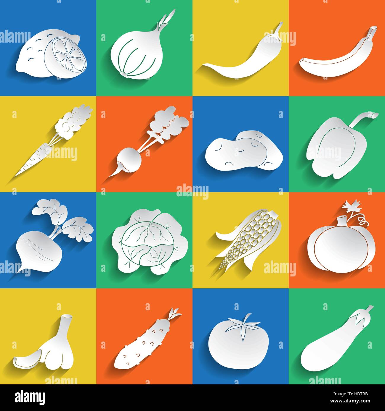 Icons of fruits and vegetables in paper style Stock Vector
