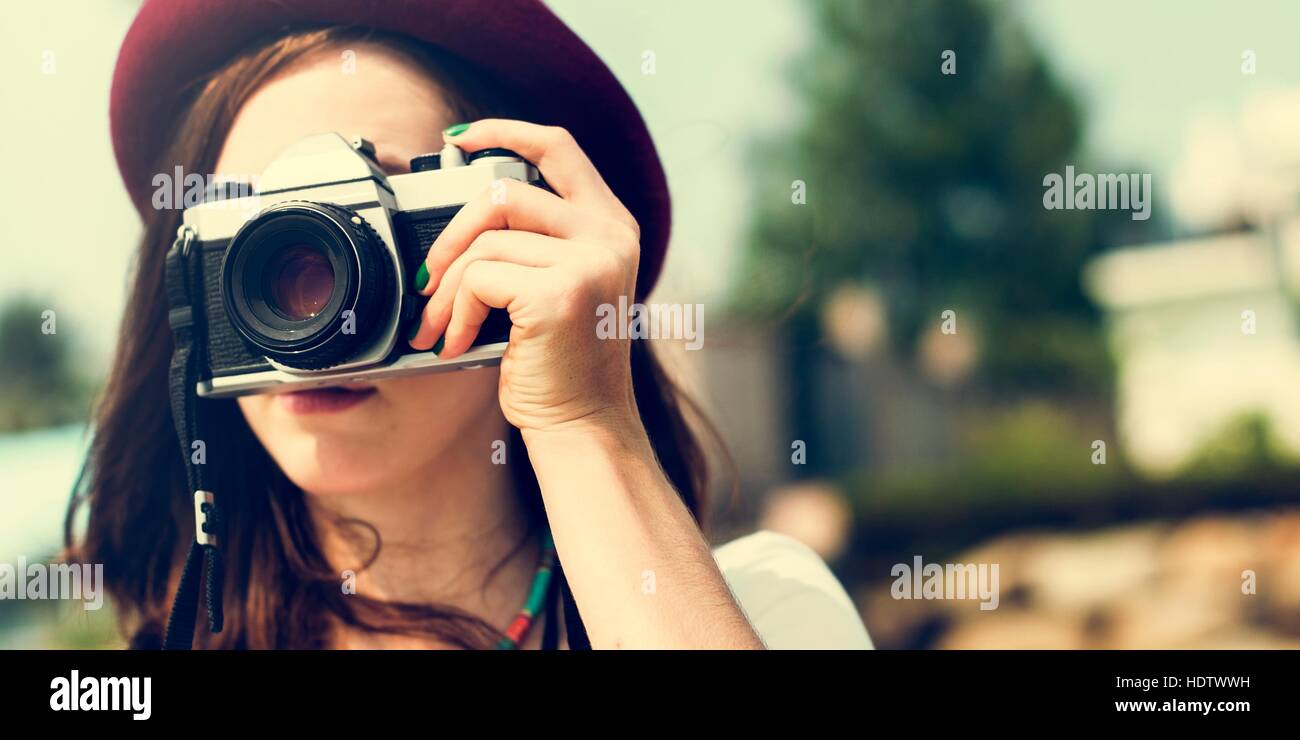 Girl Camera Photographer Focus Shooting Nature Concept Stock Photo Alamy