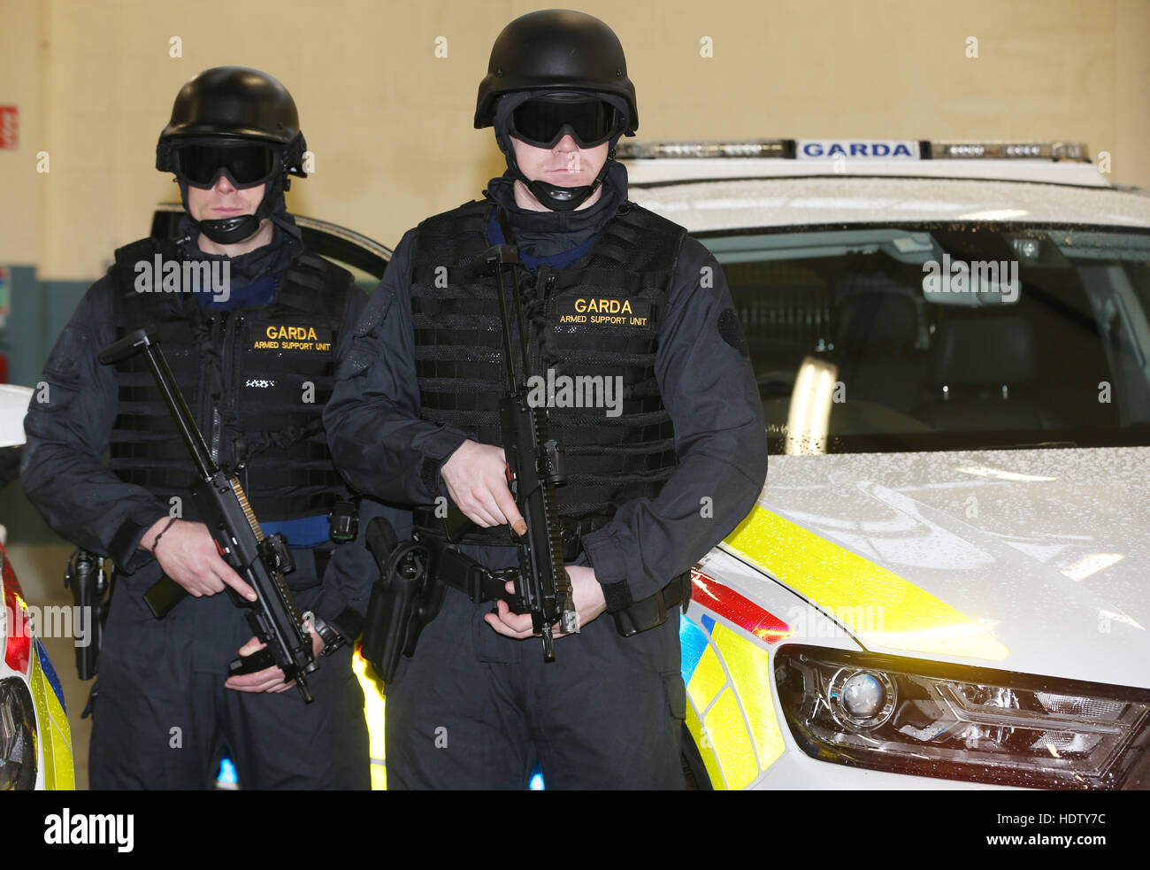 Officers display their new cars and equipment as An Garda Siochana launches a new Armed Support Unit (ASU) for the Dublin region at Garda Head Quarters in Dublin. Stock Photo