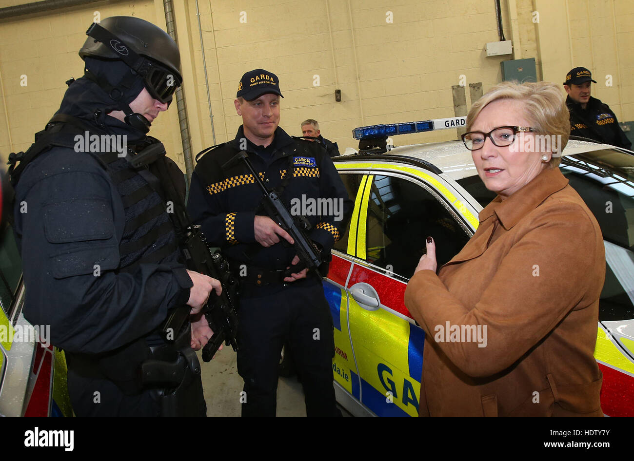 Tanaiste and Minister for Justice Frances Fitzgerald chats with officers as An Garda Siochana launches a new Armed Support Unit (ASU) for the Dublin region at Garda Head Quarters in Dublin. Stock Photo