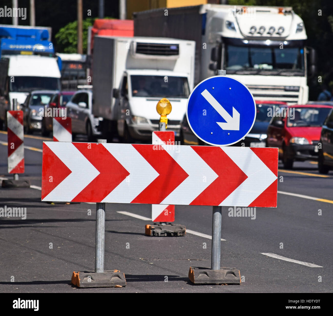 Road signs at the road construction Stock Photo