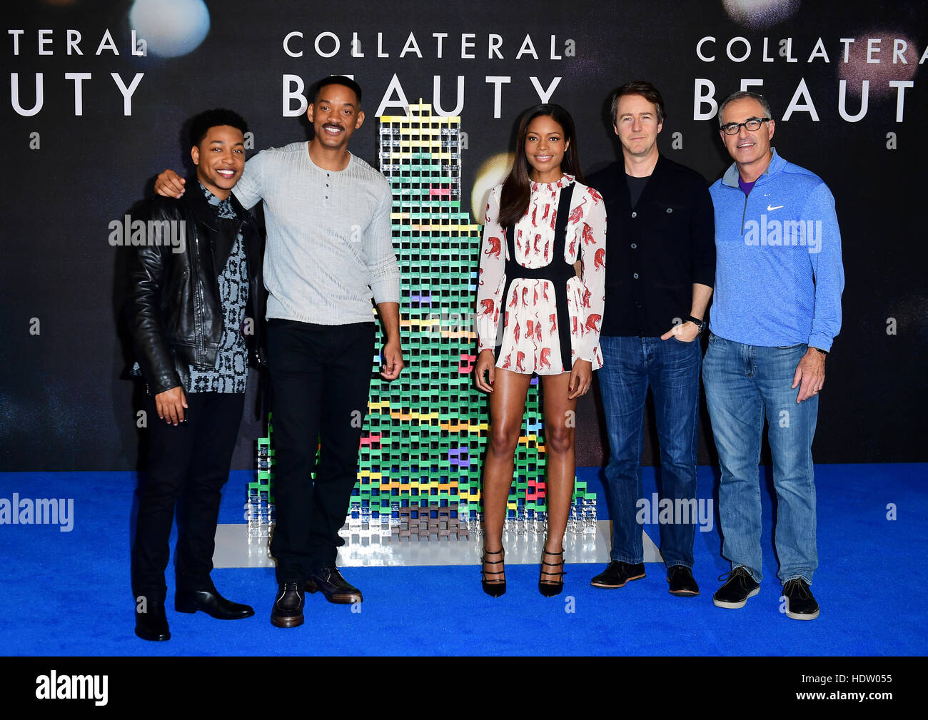 (L-R) Lily Hevesh, Jacob Latimore, Will Smith, Naomi Harris, Edward Norton and Director David Frankel attending photocall for Collateral Beauty held in the ballroom at the Corinthia Hotel London. Stock Photo
