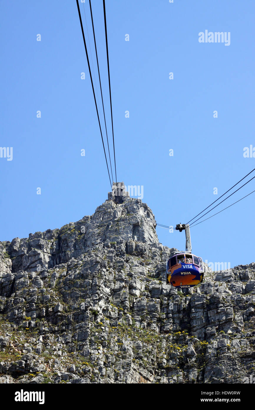 the view looking up from a cable car gondola towards the the top of Table Mountain, Cape Town Stock Photo