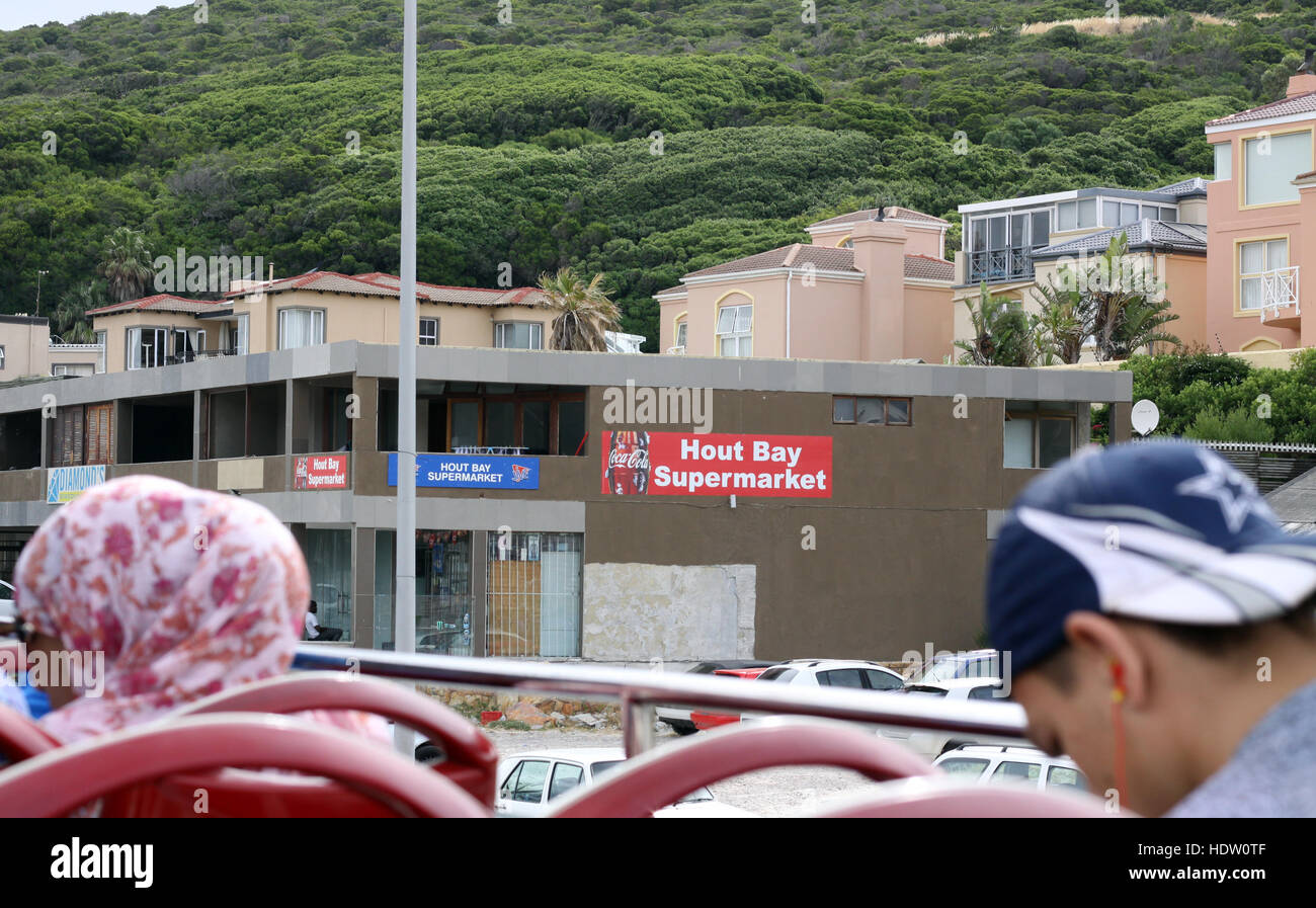 view from the top of red tour bus of Hout Bay Supermarket, Cape Town, South Africa Stock Photo