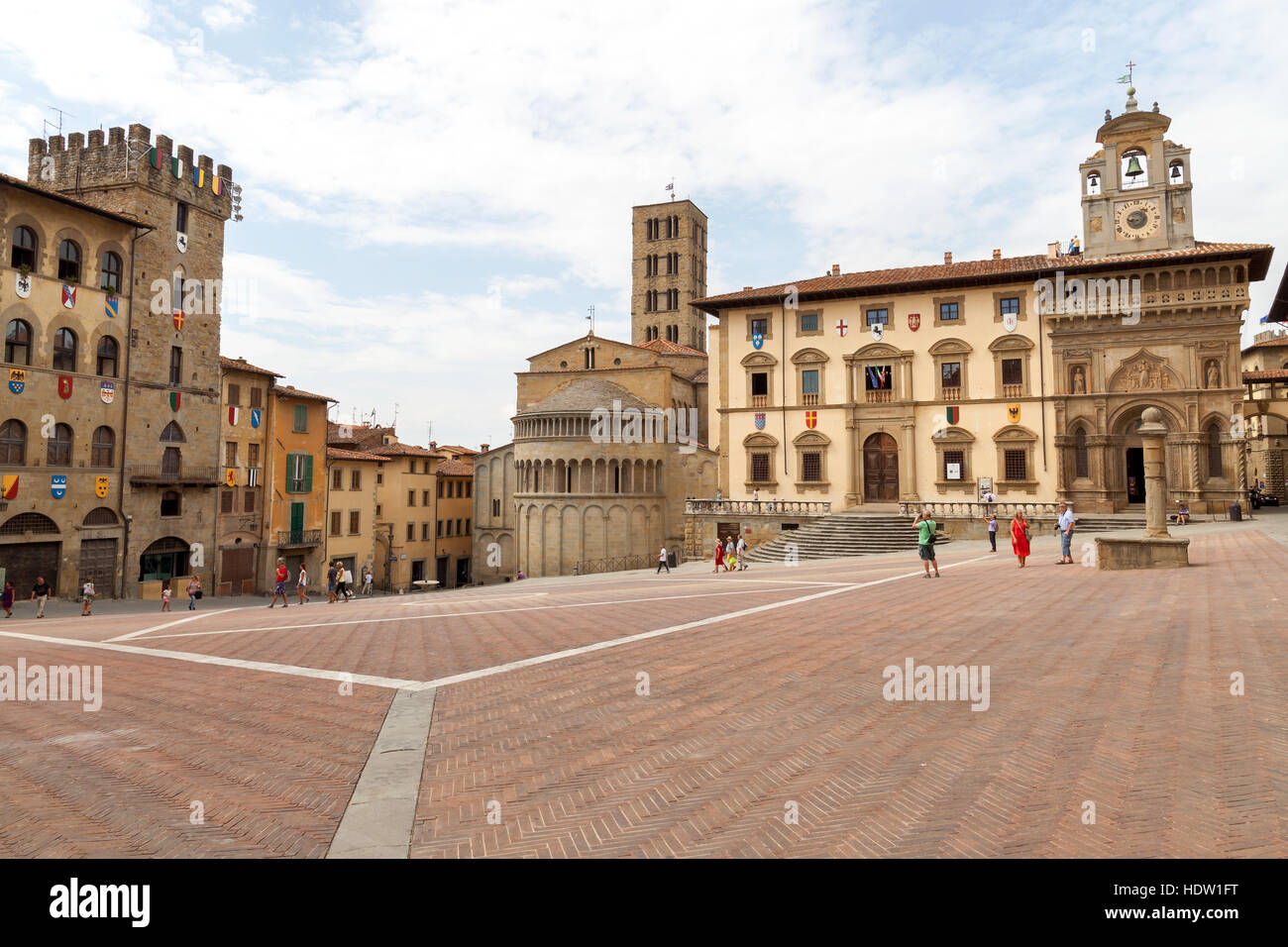 The main piazza in Arezzo and Pieve di Santa Maria church in Toscana. Italy. Stock Photo
