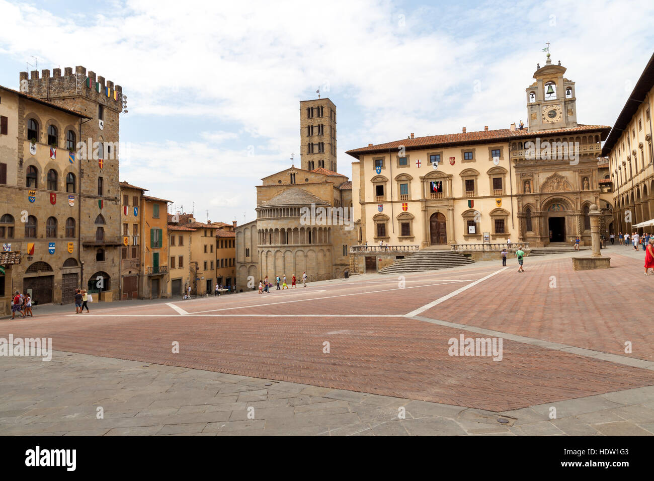 The main piazza in Arezzo and Pieve di Santa Maria church in Toscana. Italy. Stock Photo