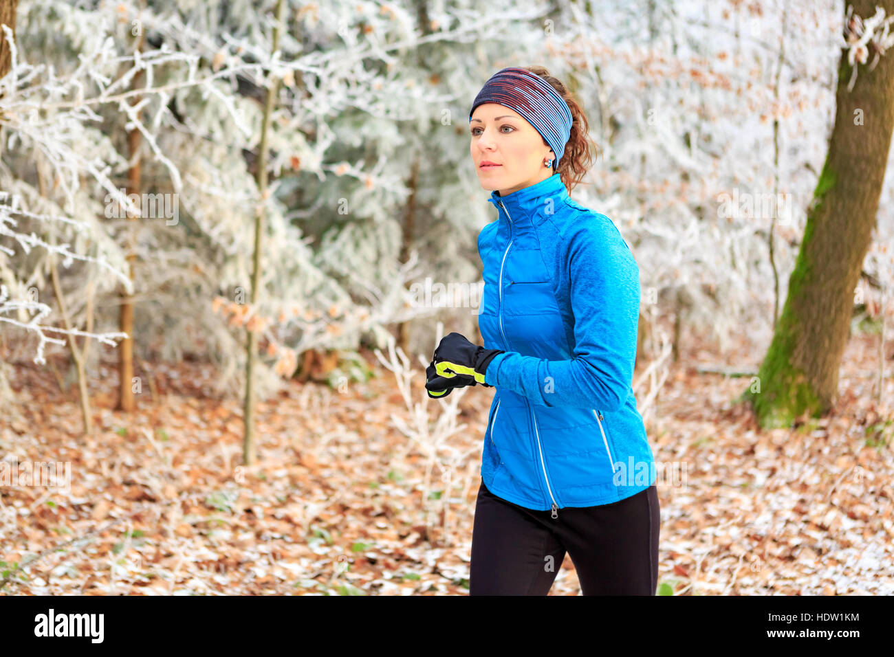 a young woman jogging in the wintry forest Stock Photo