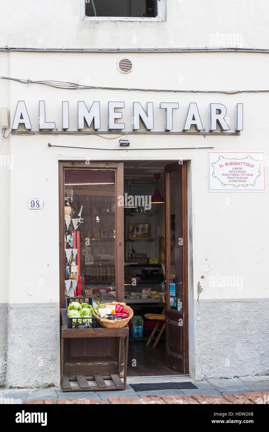 Alimentari shop. Literally translated as Food. These shops tend to sell a wide range of goods. Lucca city, Tuscany, Italy Stock Photo
