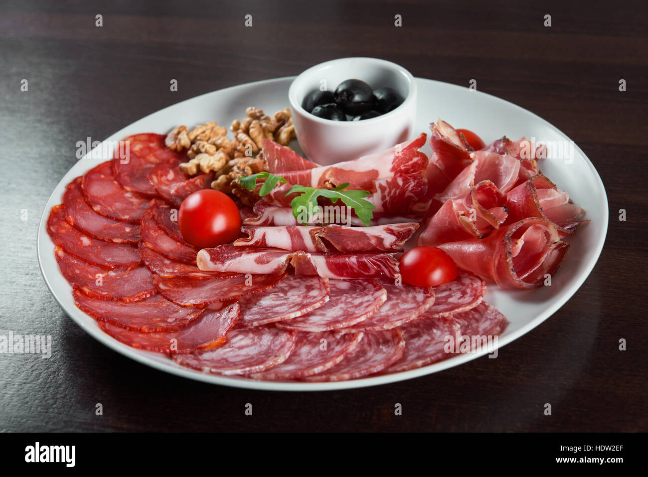 For meat lovers. Closeup of a cold meat appetizers served on a plate