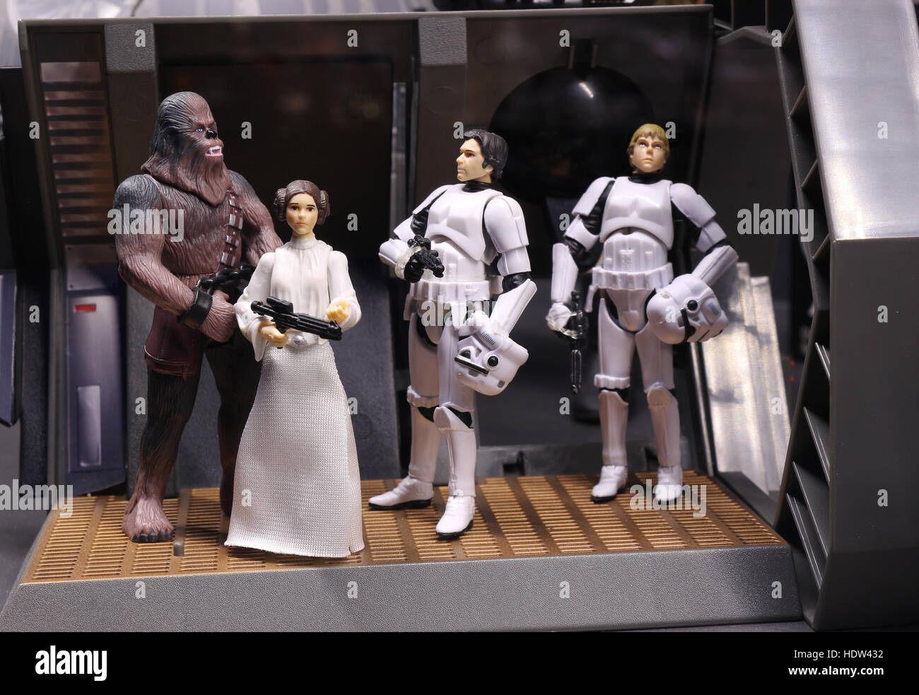 Strar Wars: Luke Skywalker (Mark Hamill), Princess Leia (Carrie Fisher), Han Solo (Harrison Ford) and Chewbacca Stock Photo