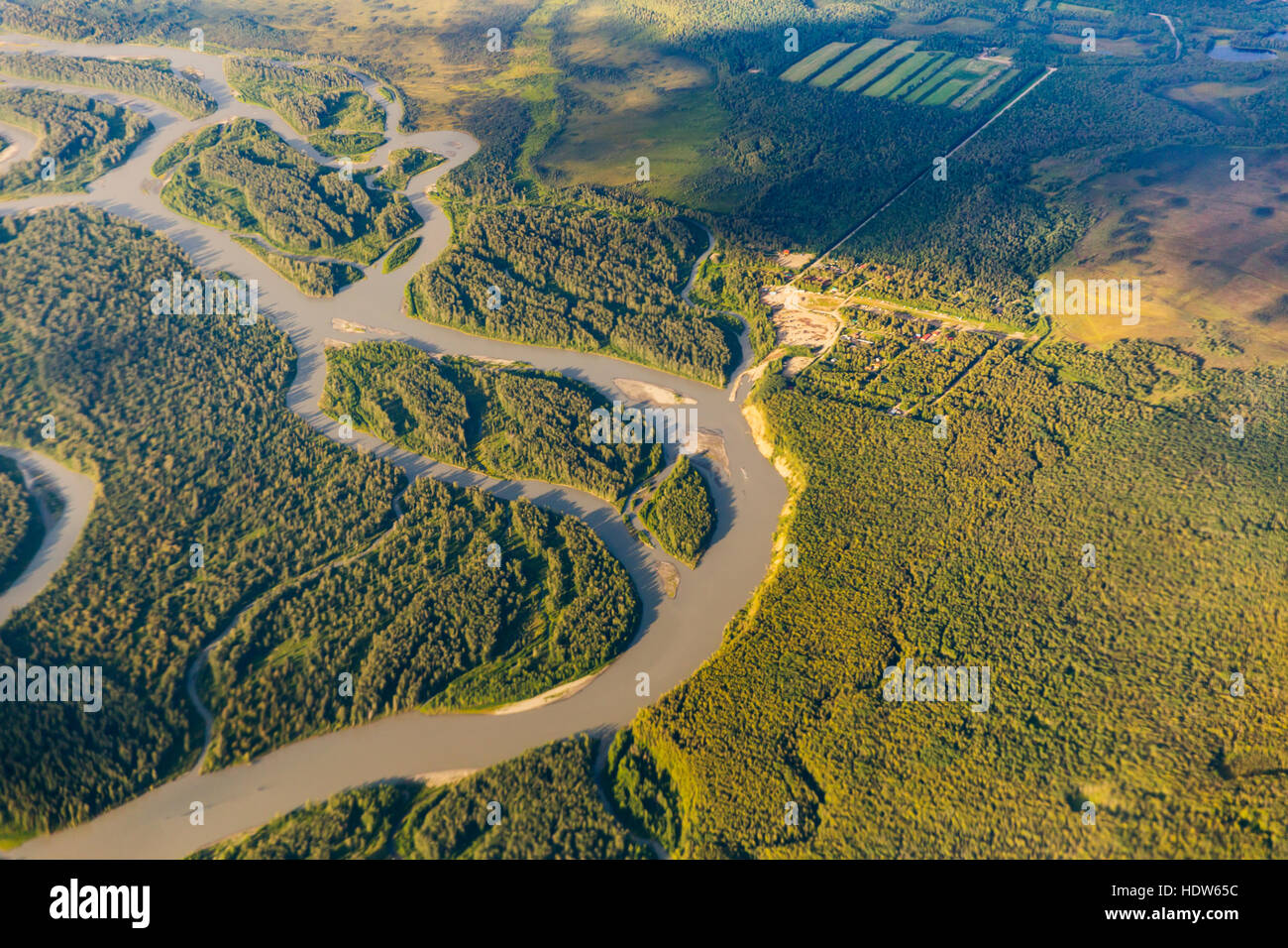 Aerial view of a braided river in summer, Southcentral Alaska, USA ...