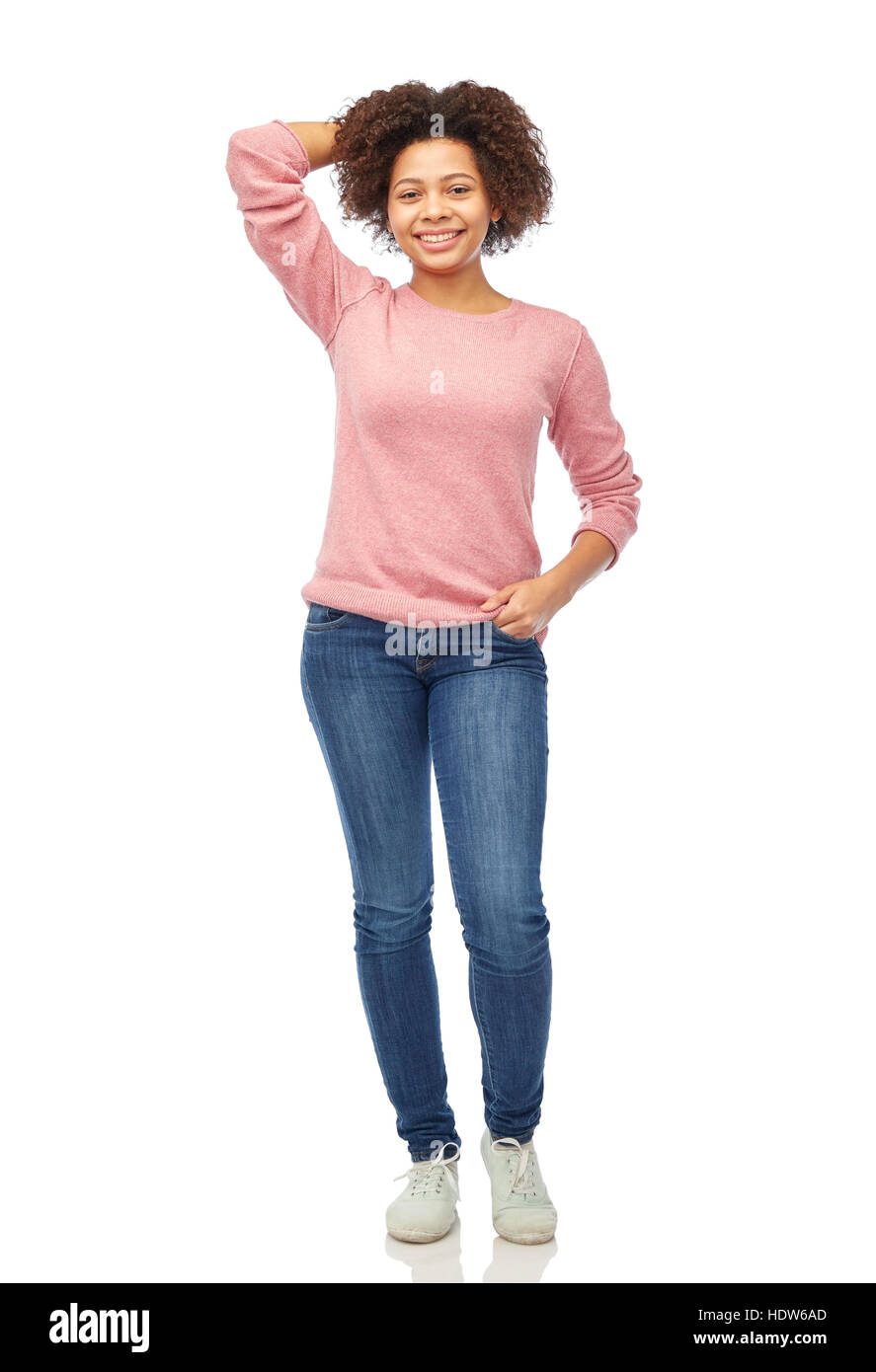 happy african american young woman over white Stock Photo - Alamy
