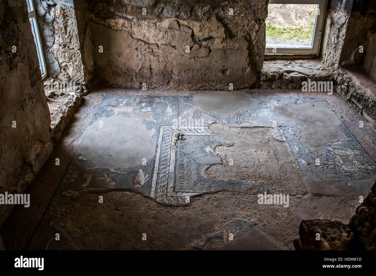 Floor mosaics dating to the third and fourth centuries in the Roman Baths; Garni, Azat Valley, Armenia Stock Photo