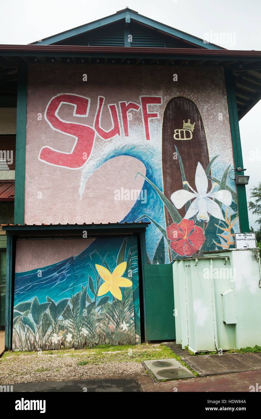 Painted wall sign outside a surf shop; Hanalei, Kauai, Hawaii, United States of America Stock Photo