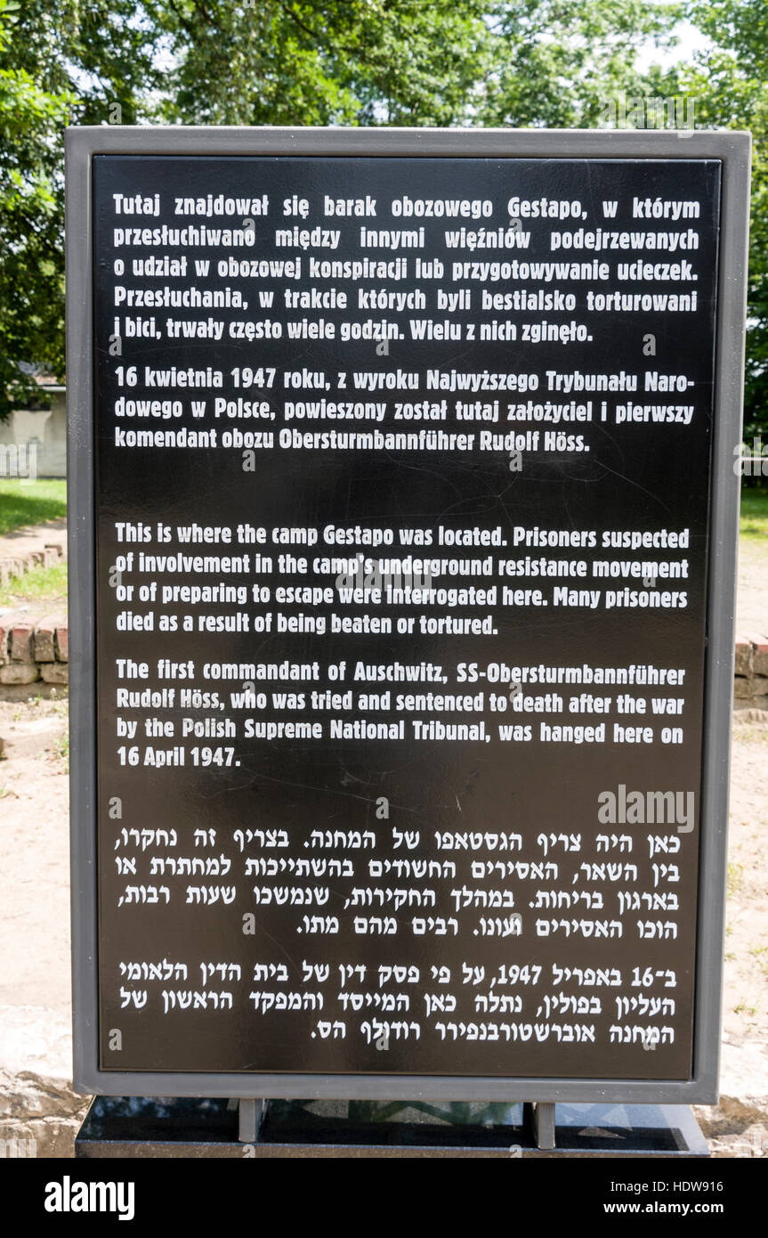 The visitors' information board in front of the gallows where prisoners were hung and also the camp commandant of Auschwitz concentration camp, Rudolf Stock Photo - Alamy