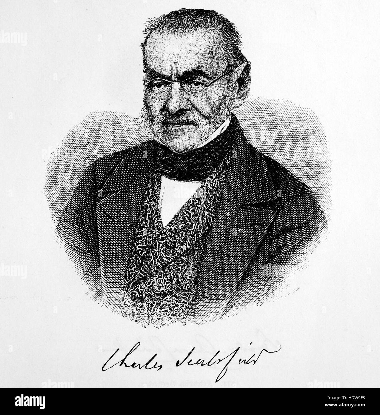 Charles Sealsfield was the pseudonym of Austrian-American journalist Carl or Karl Anton Postl, 17931864, an Austrian and American writer, woodcut from the year 1880 Stock Photo