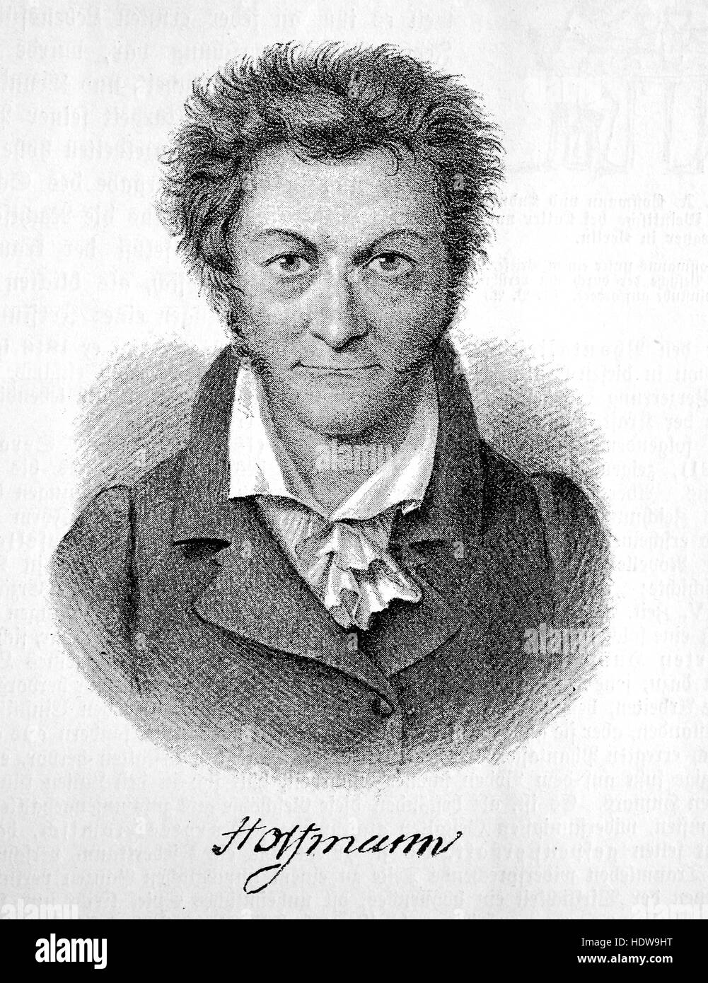 Ernst Theodor Amadeus Hoffmann,  E. T. A. Hoffmann, born Ernst Theodor Wilhelm Hoffmann, 1776-1822, Prussian Romantic author of fantasy and horror, a jurist, composer, music critic, draftsman and caricaturist, woodcut from the year 1880 Stock Photo