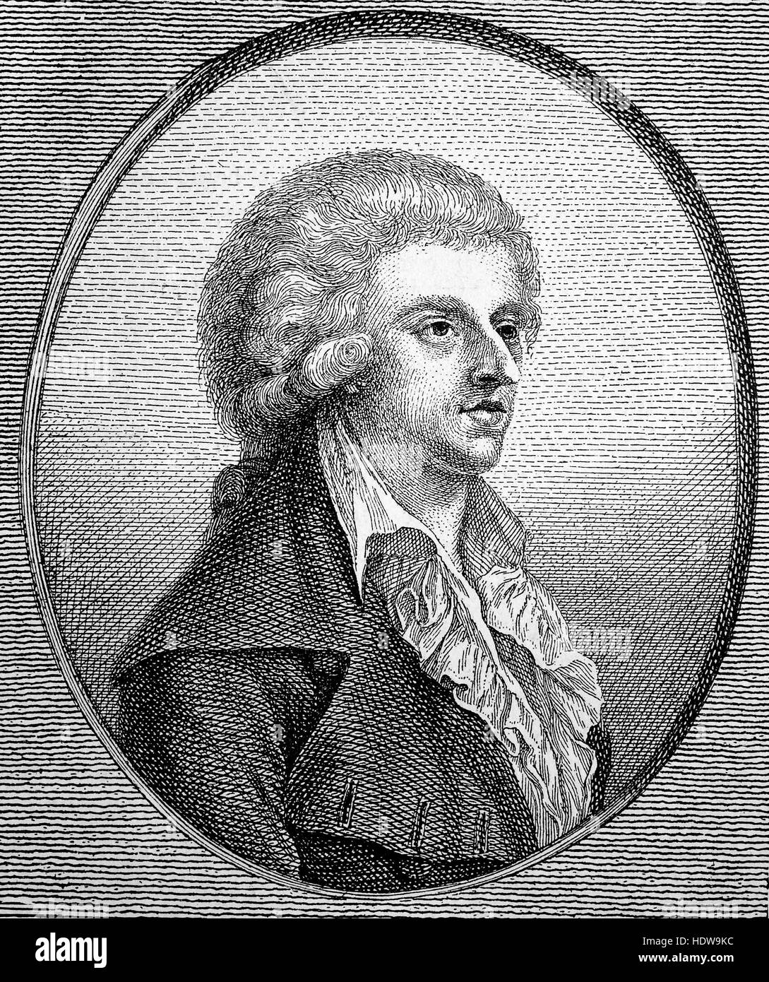 Johann Christoph Friedrich von Schiller 26 years old, 1759-1805, a German poet, philosopher, physician, historian, and playwright, woodcut from the year 1880 Stock Photo