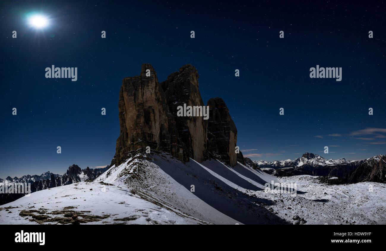 Tre Cime di Lavaredo or Drei Zinnen at night with moonlight, in the Dolomites, Belluno, Südtirol