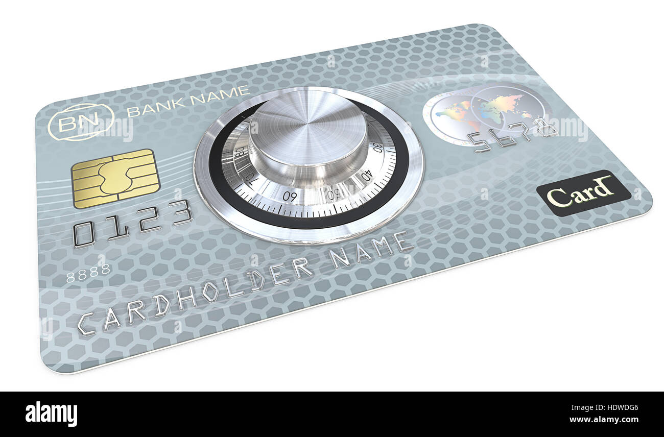 3D render of Blue Credit Card with a Safe Dial Lock. Generic names and numbers, non branded