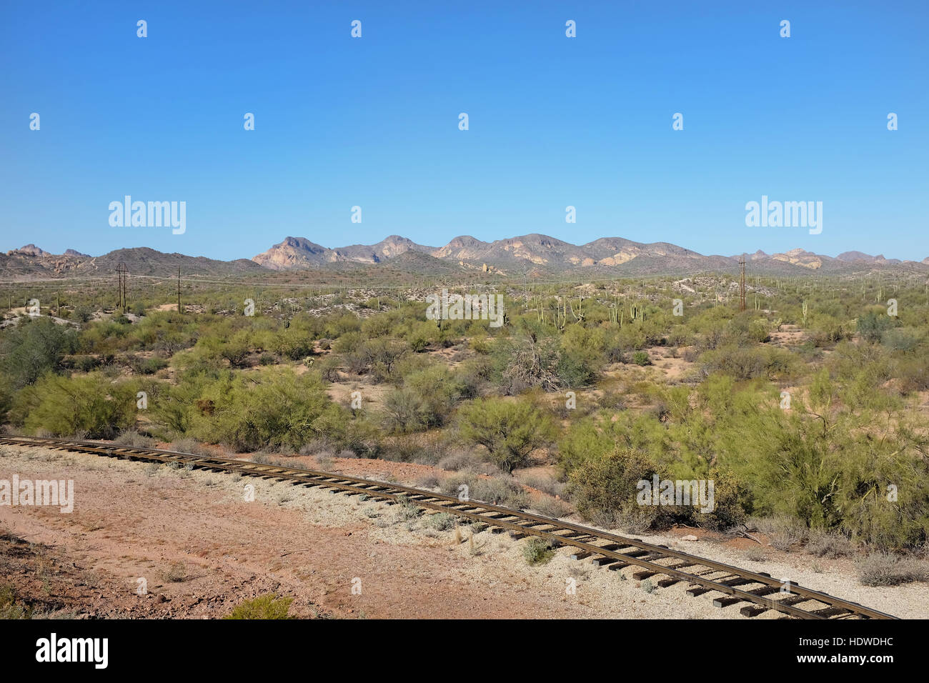 Train tracks in the desert at Goldffield Ghost Town, Apache Junction, Arizona. Stock Photo