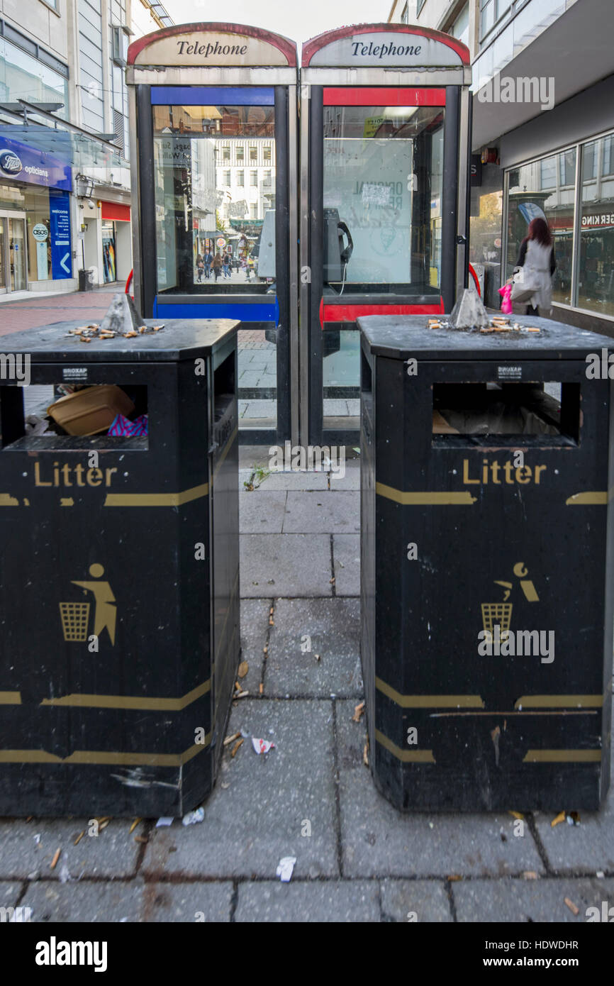 Unsightly telephone boxes and litter bins, Birmingham, England, UK Stock Photo