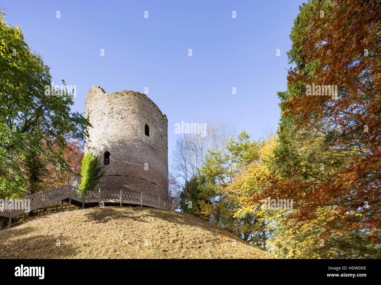 Bronllys Castle a mid 12th century stone keep in the village of Bronllys, Brecon beacons National Park, Powys, Mid Wales, UK. Stock Photo