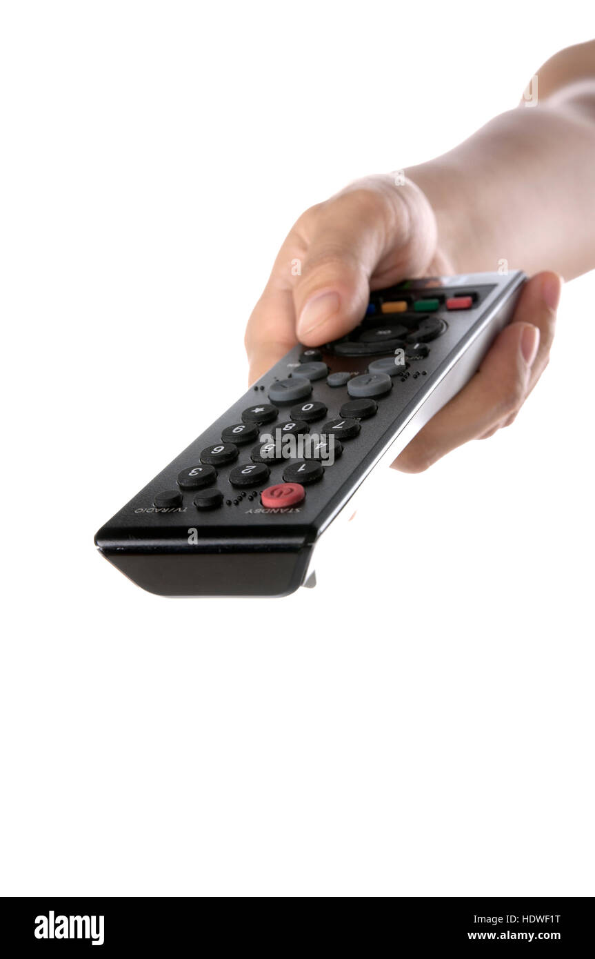 Someone Hoding A Remote Person pointing remote at tv Cut Out Stock Images & Pictures - Alamy