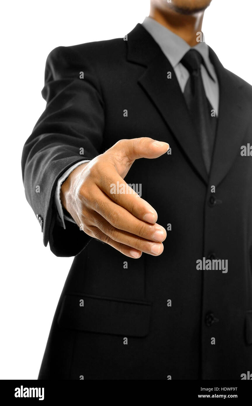 Business man extending hand want to shake isolated over white ...