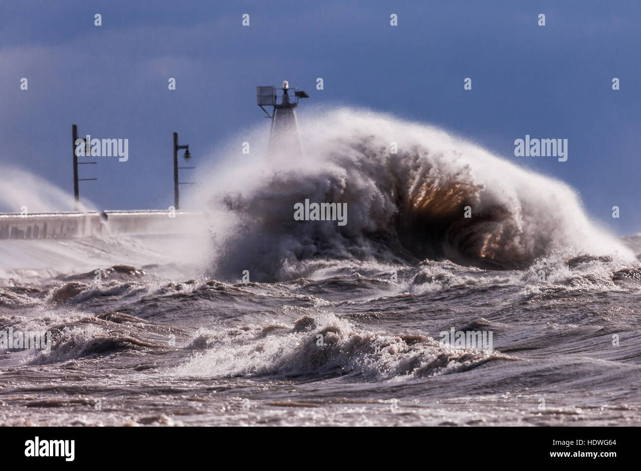 Strong winds whip up Lake Erie from the calm freshwater lake in a