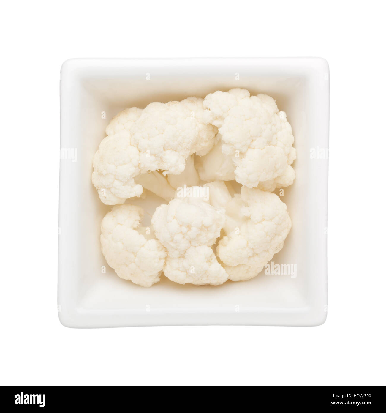 Cauliflower in a square bowl isolated on white background Stock Photo