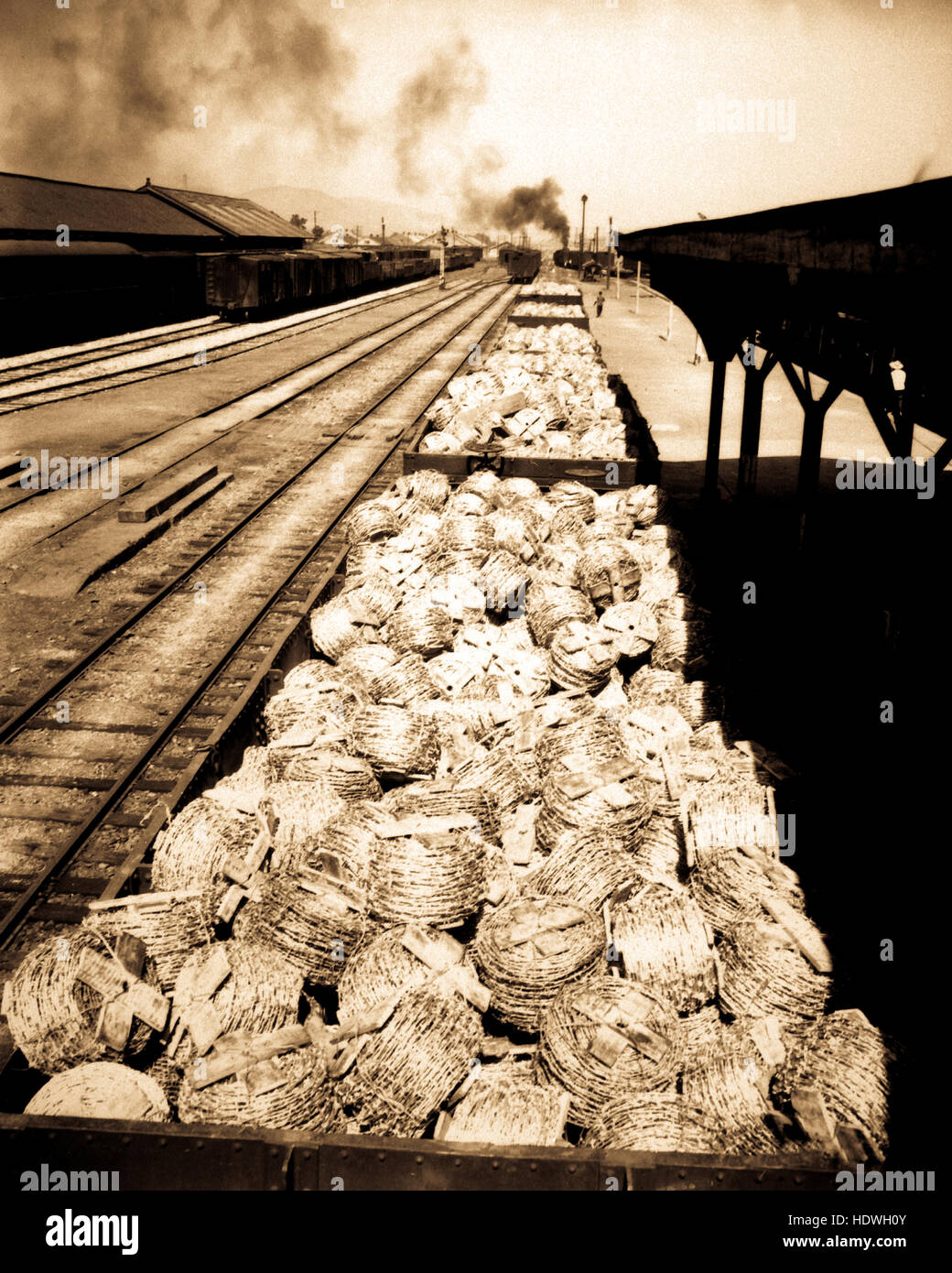 Railroad cars loaded with barbed wire at the Taegu RTO (Railway Transportation Office), Korea.  July 24, 1950. Stock Photo