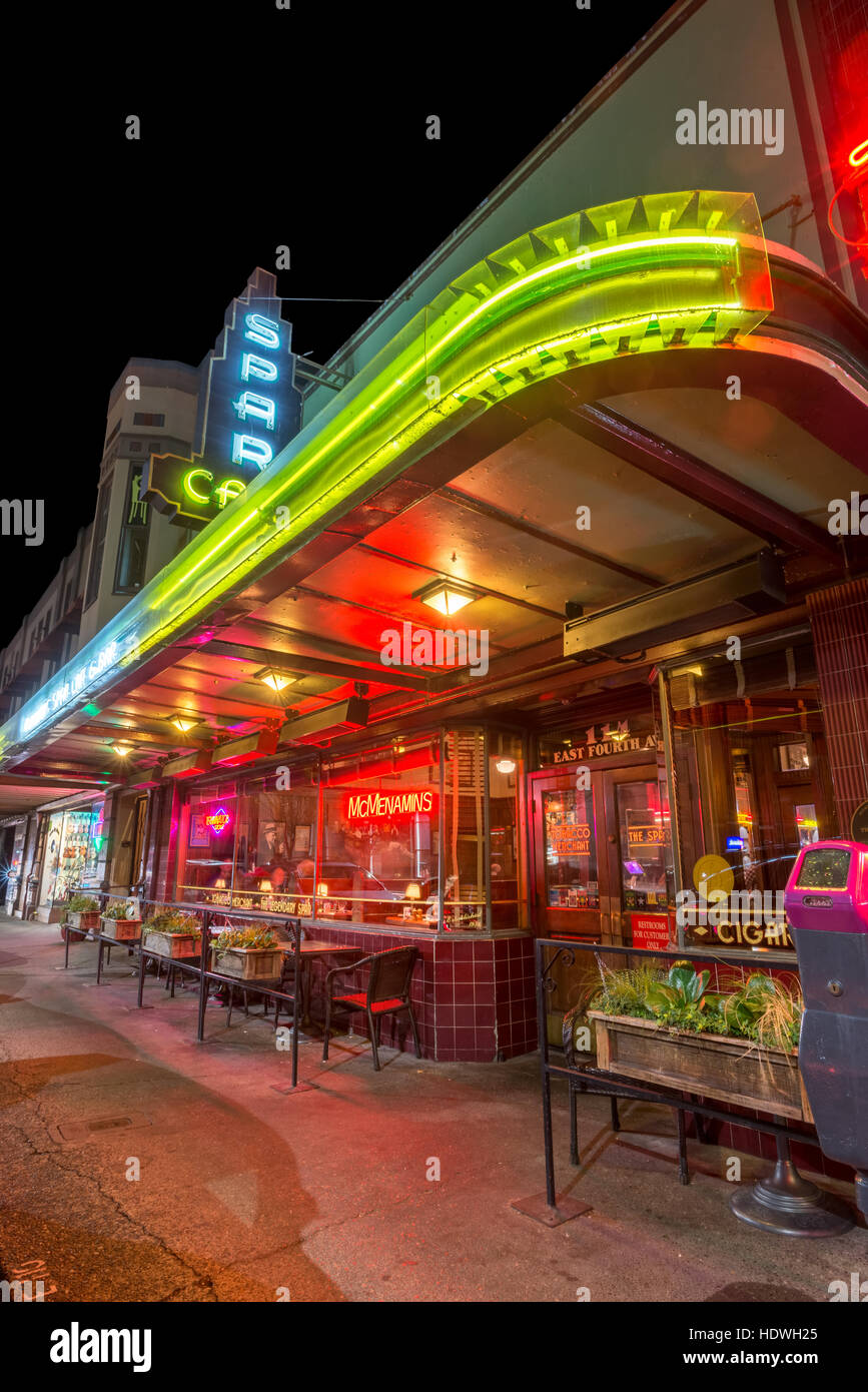 The Spar Cafe at night in downtown Olympia, Washington. Stock Photo