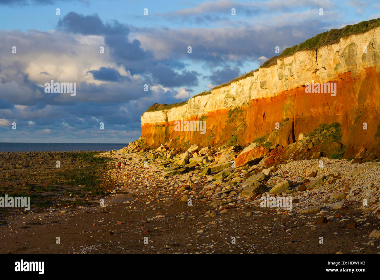 View of chalk and carrstone sea cliffs, Hunstanton, Norfolk, England. October. Stock Photo