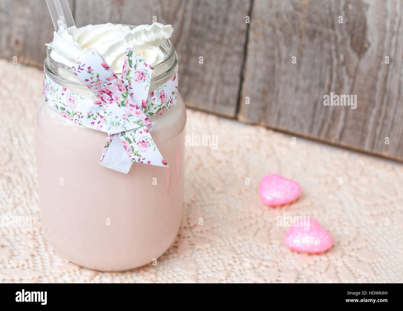 Pretty Milkshake Pink Raspberry Pink Raspberry milkshake on Valentine's Day with hearts and whipped ...