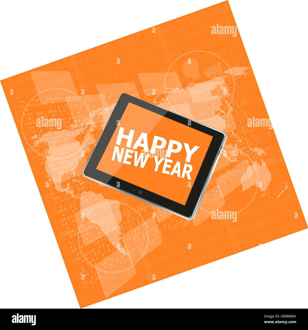 mobile phone tablet pc with Happy New Year design Stock Photo