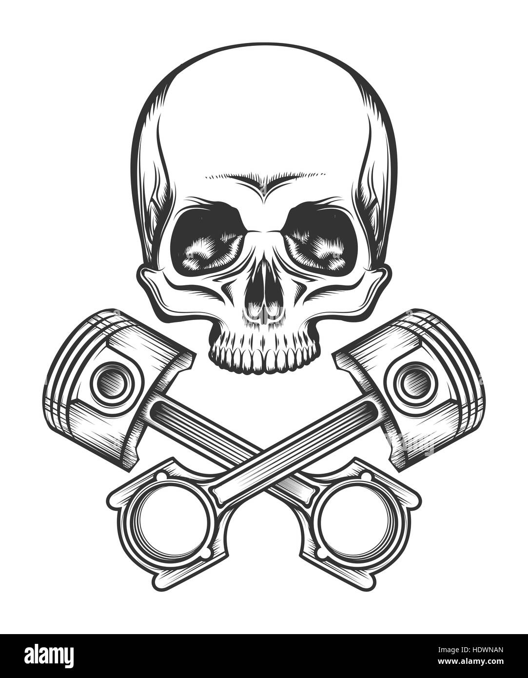 Human skull and crossed engine pistons. Isolated on white vector illustration. Stock Vector
