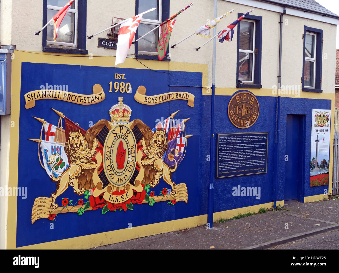 Shankill Protestant Boys Flute Band mural, off Shankill Road West Belfast,Northern Ireland,UK Stock Photo