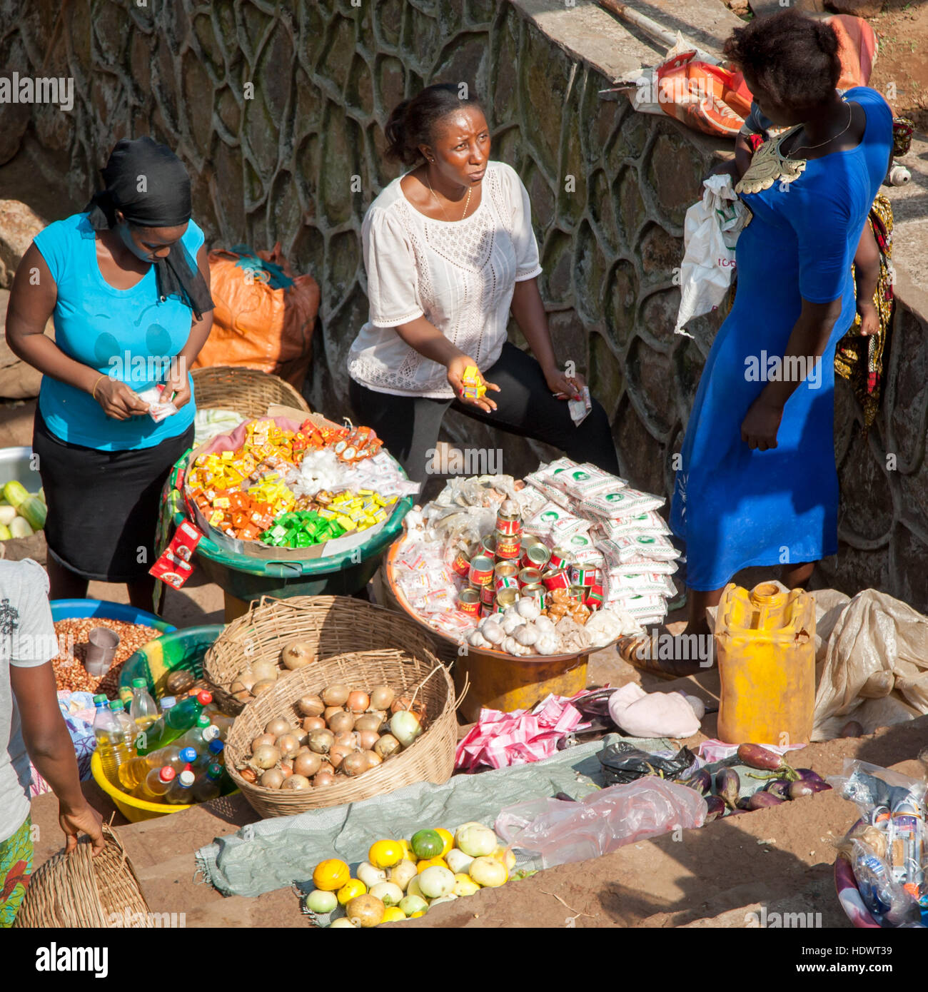 Mobile food shop on stairs in Freetown, Sierra Leone Stock Photo