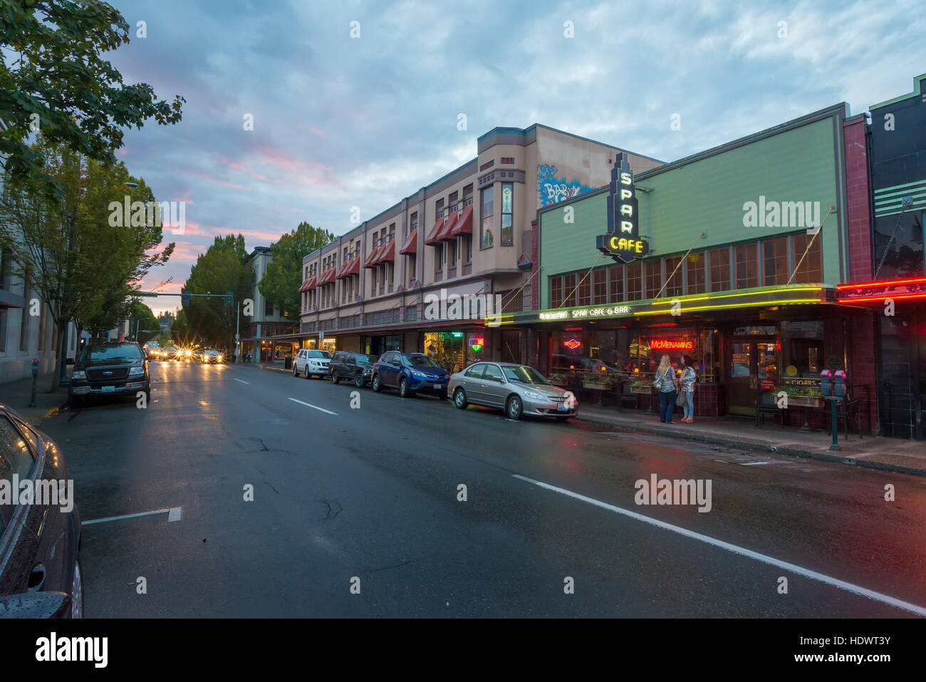Street scene in downtown Olympia, Washington at sunset. Stock Photo