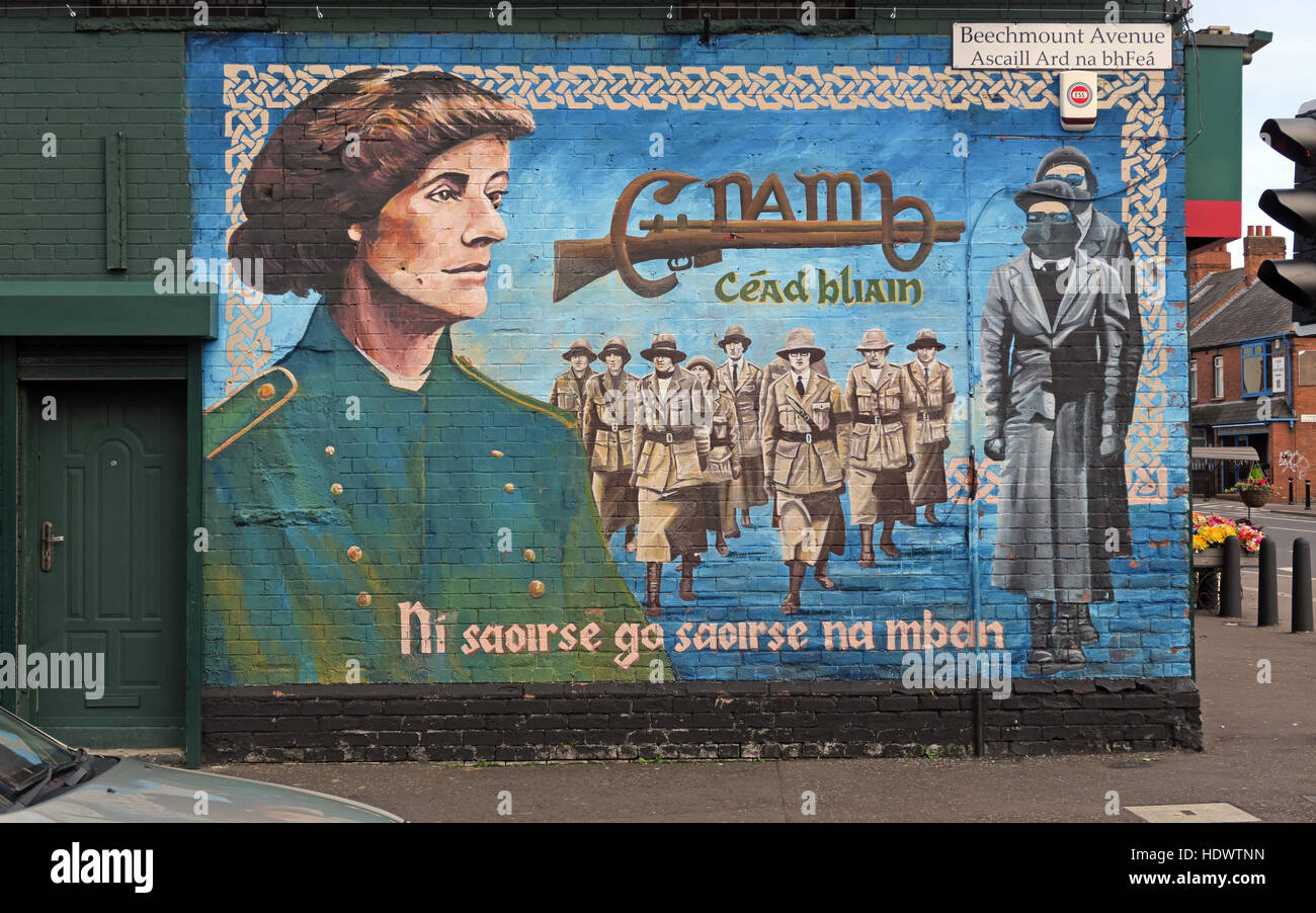 Female resistance - Cumann na mBan centenary mural featuring Countess Markievicz and republican women on Beechmount Avenue in West Belfast area Stock Photo