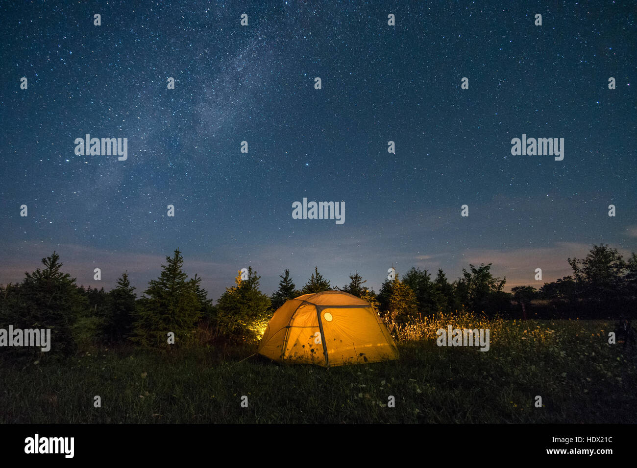 Illuminated camping tent under starry sky Stock Photo