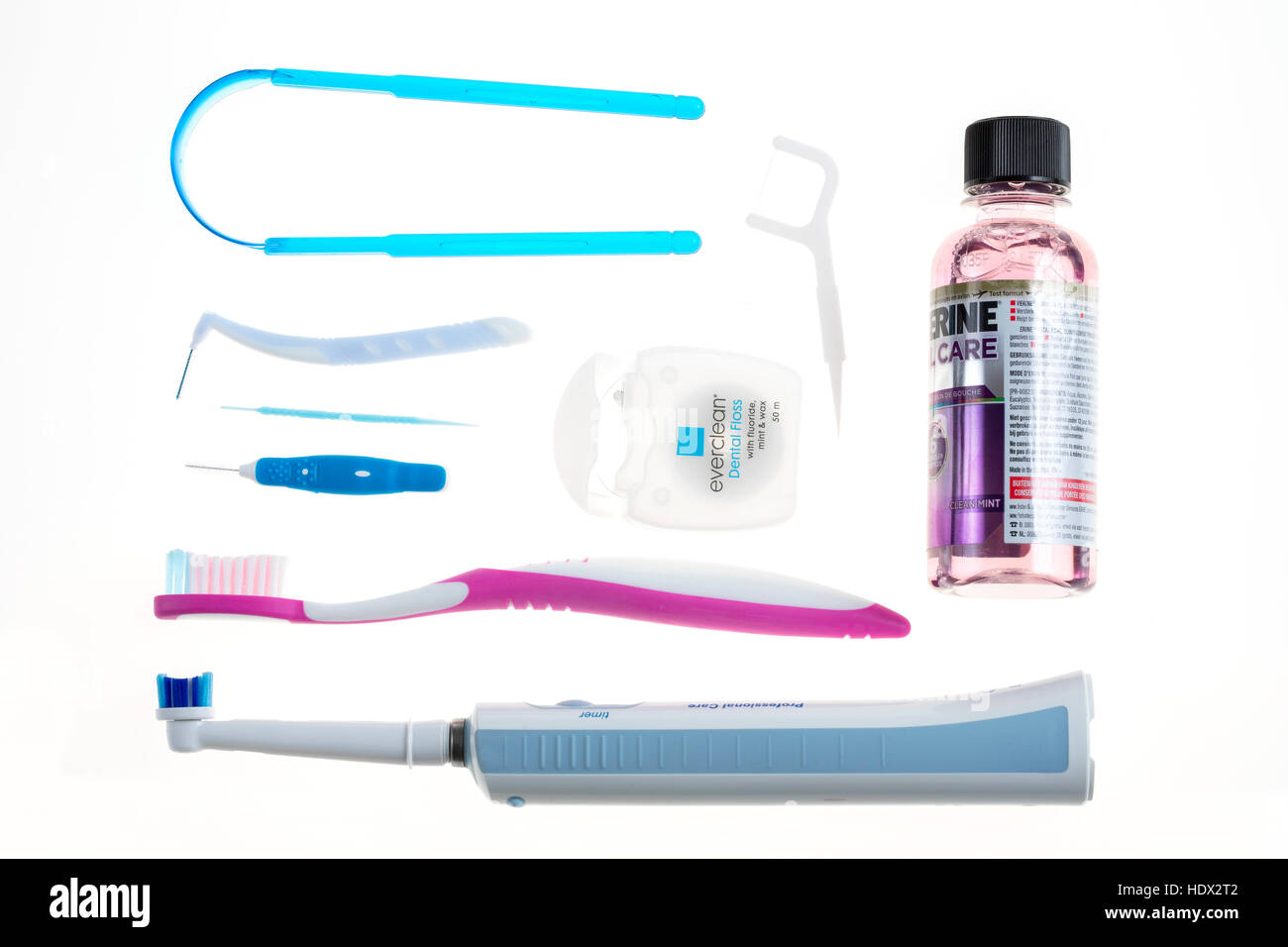 Dental hygiene products, toothbrush, toothpick, electrical toothbrush, interdentalbrush, dental floss, oral water, tongue cleaner, Stock Photo