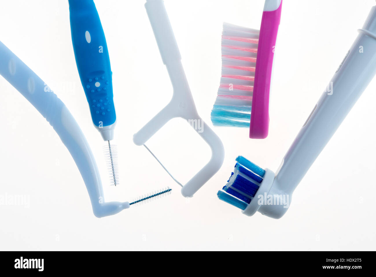 Dental hygiene products, toothbrush, toothpick, electrical toothbrush, interdentalbrush, dental floss, tongue cleaner, Stock Photo