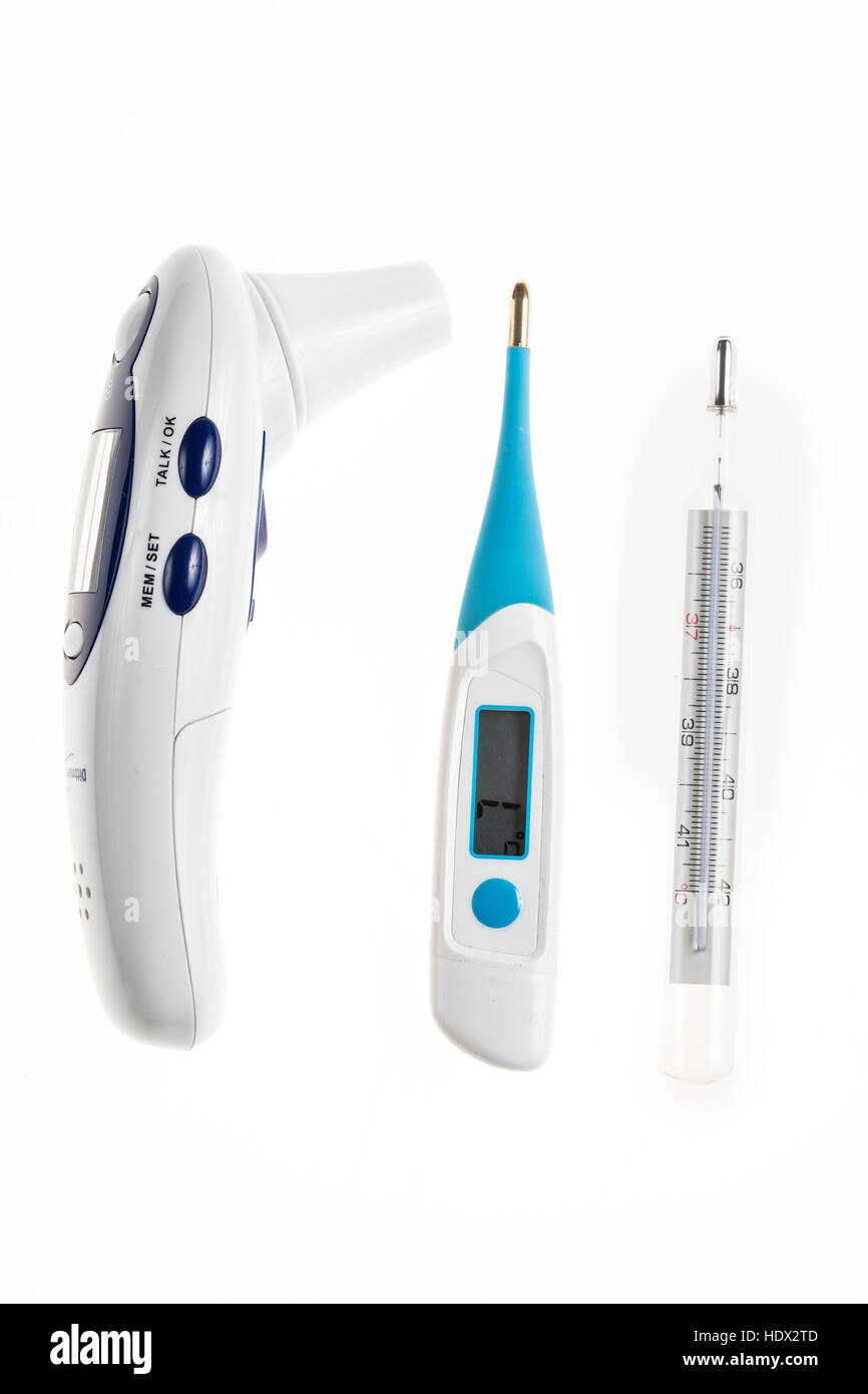 Fever thermometer, digital thermometer, digital mercury thermometer, temperature monitor, ear thermometer, Stock Photo