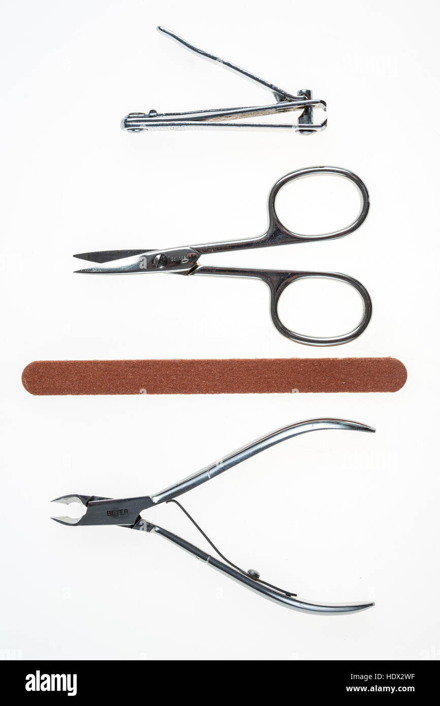 Nail care tools, nail clippers, nail scissors, nail nippers, nail files, Stock Photo