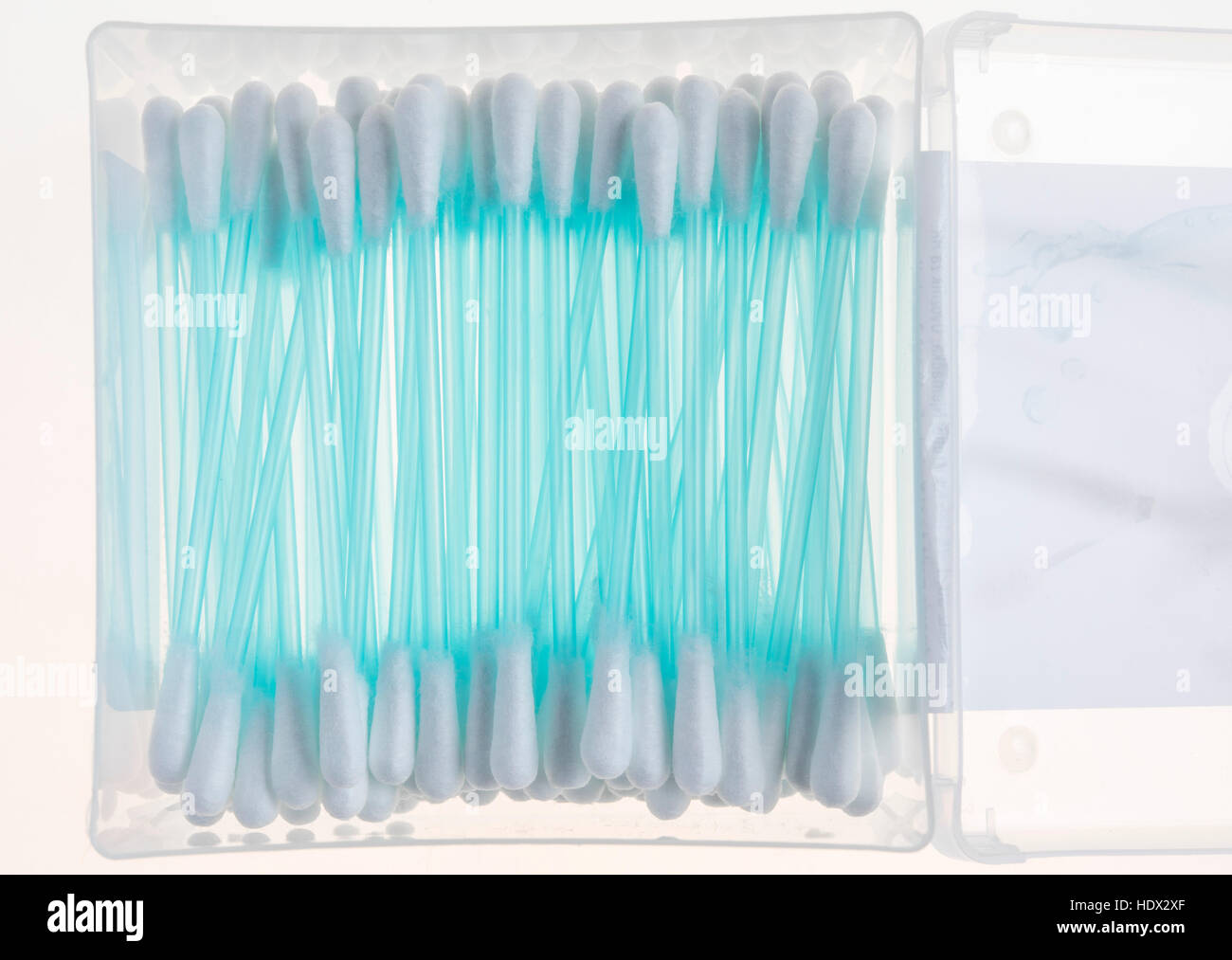 Many cotton buds in a plastic box Stock Photo