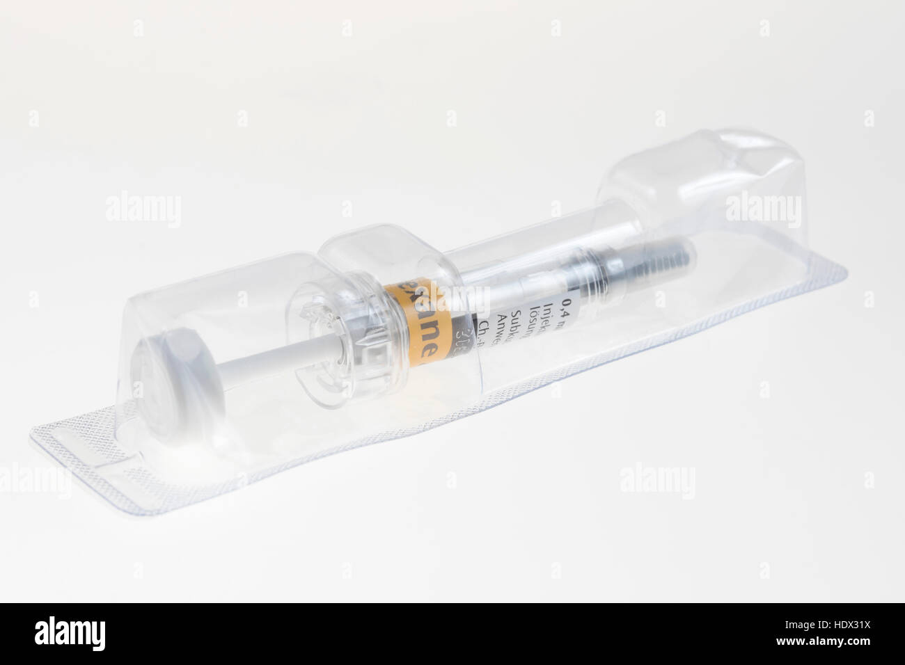 Medical disposable products, syringe, sterile packaged, with active ingredient, vaccine, medicament, Stock Photo