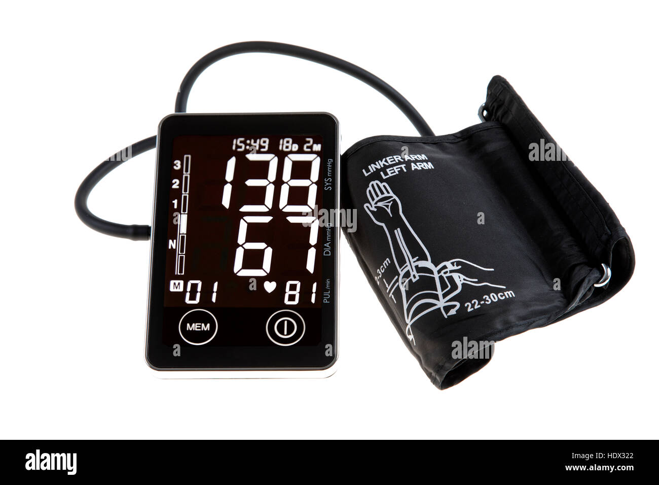 Blood pressure monitor, digital display, upper arm cuff, for self-measurement, Stock Photo