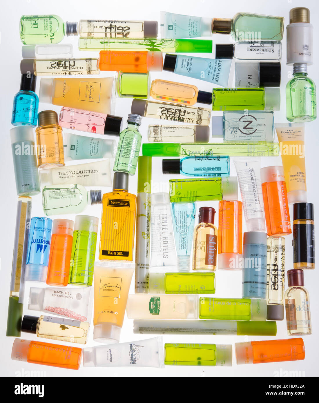 Many different body care products, perfumes, shower gels, bath gels, hair shampoos, body lotions, sample packs, hotel amenities, bottlings, Stock Photo